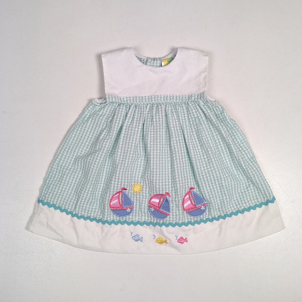 Vtg Sears Dress Girls Sz 24m Blue Gingham 90s Sailboat Sundress Travel Summer